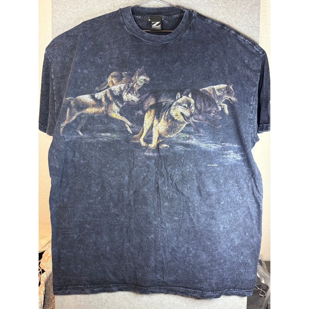 Vintage Z Screenprints Wolf Pack Graphic T-Shirt Acid Wash Navy Blue XL